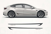 White Tesla Model 3 car with decal designs on a white background